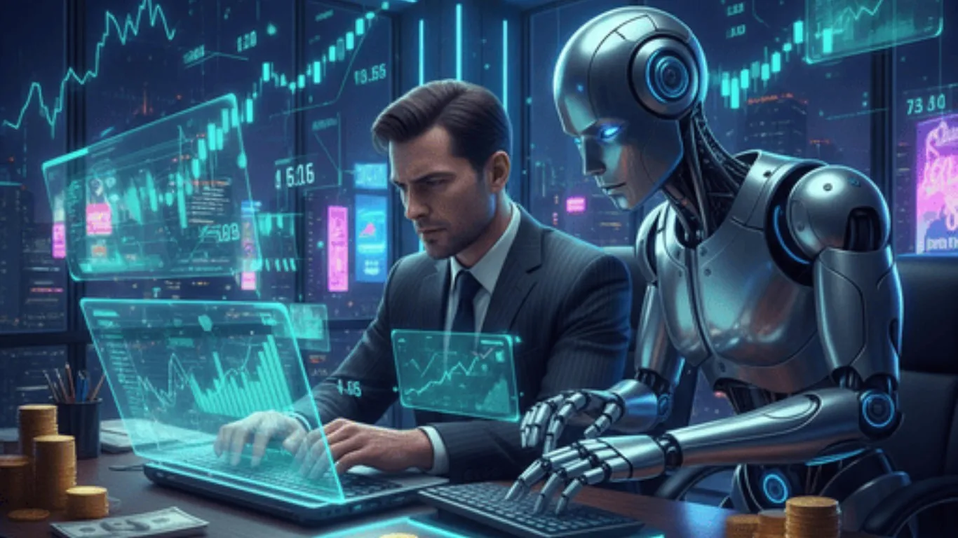 Empresario trabajando junto a un robot con gráficos financieros